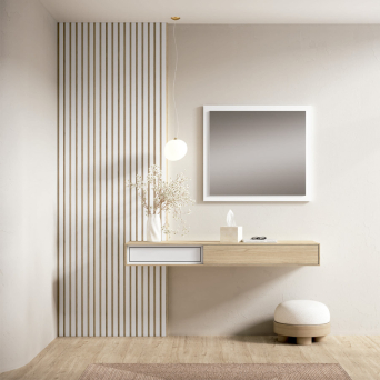 Recibidor Individual 54 de Lan Mobel, en color natural y blanco con panel alistonado en la pared
