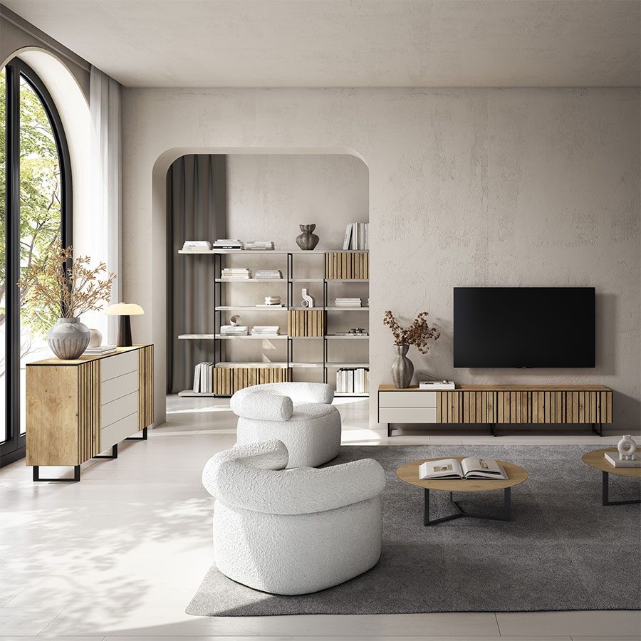 Vista en ambiente del Mueble TV Nordic 2 de BoCubi fabricado en chapa de madera natural y DM lacado