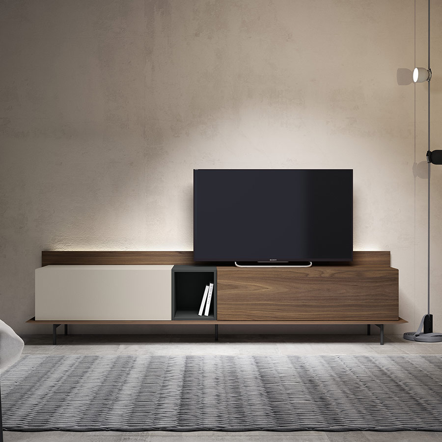 Vista ampliada del Mueble TV Nordic 3 de BoCubi, en chapa de madera natural y DM lacado