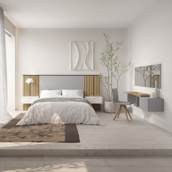 Composición de dormitorio Elara en acabados neutros. 2