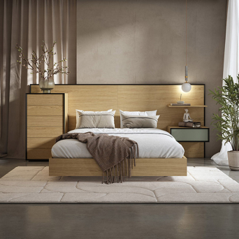 Dormitorio Umbra de BoCubi, fabricado en chapa de madera natural y DM lacado