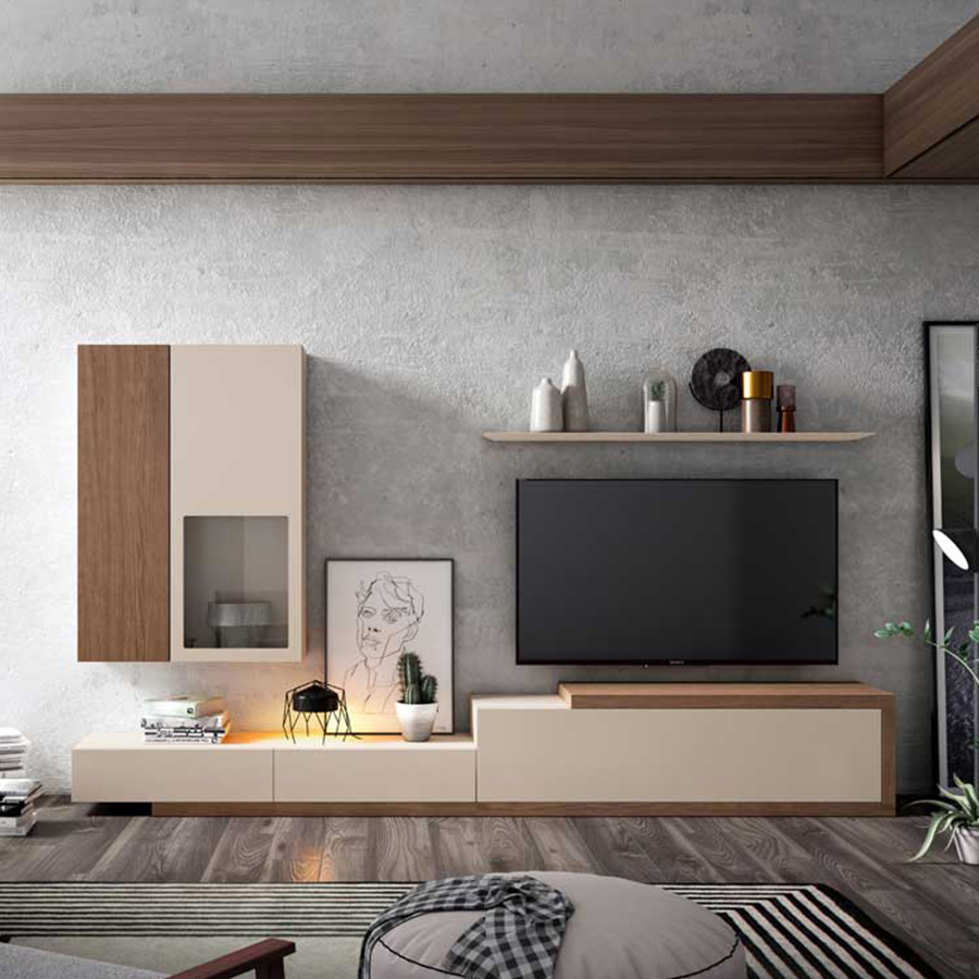 Salón ID21 de BoCubi, con mueble TV y fabricado en DM lacado y chapa de madera natural