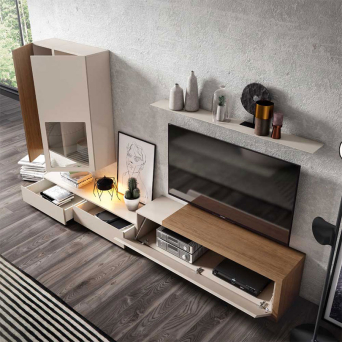 Salón ID21 de BoCubi, con mueble TV y fabricado en DM lacado y chapa de madera natural 2