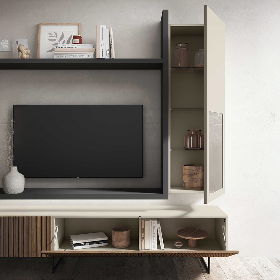 Detalle de los módulos colgados y mueble TV del Salón ID05 de BoCubi