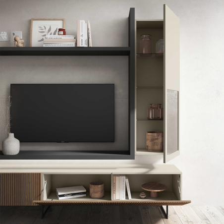 Detalle de los módulos colgados y mueble TV del Salón ID05 de BoCubi