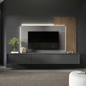 Salón ID12 de la firma nacional BoCubi, fabricado en chapa de madera natural y lacados