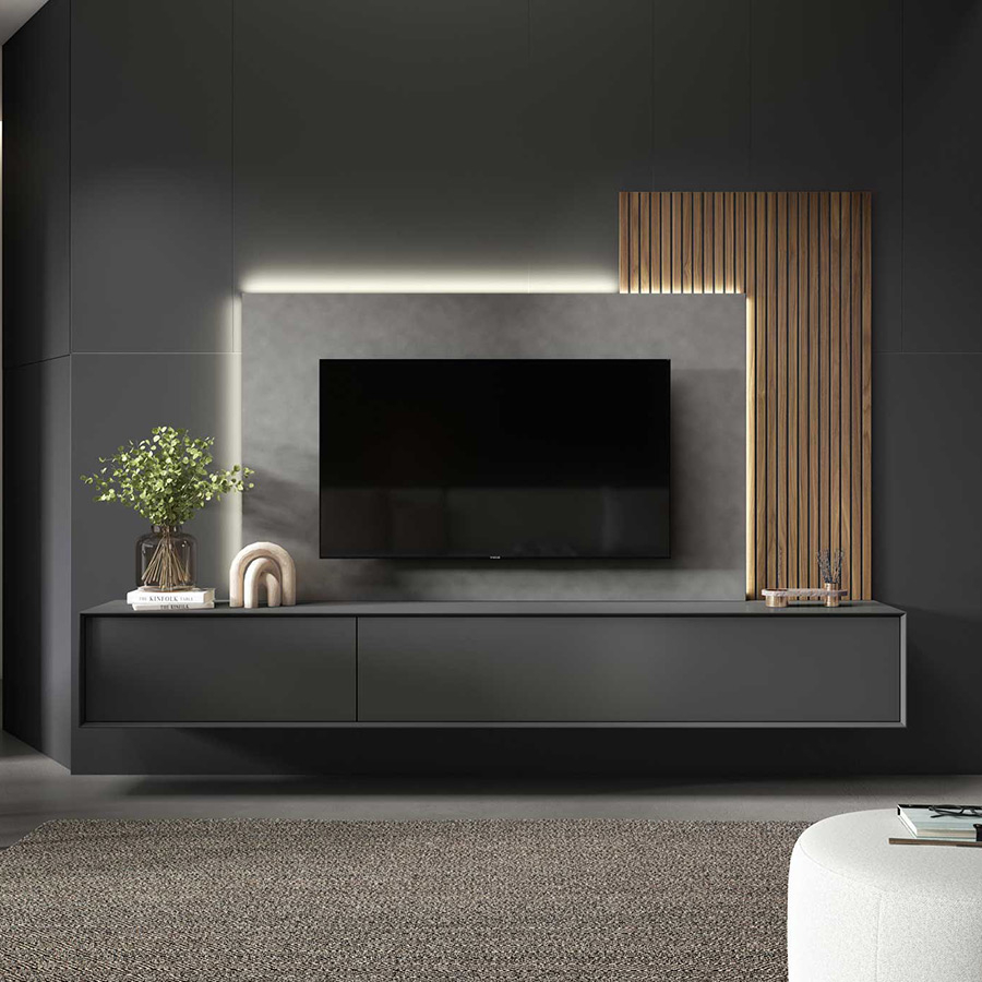 Salón ID12 de la firma nacional BoCubi, fabricado en chapa de madera natural y lacados
