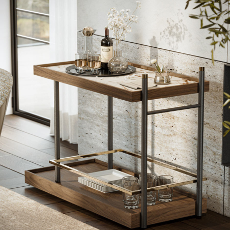 Carro bar Lazzari fabricado en chapa de madera natural con encimera porcelánica