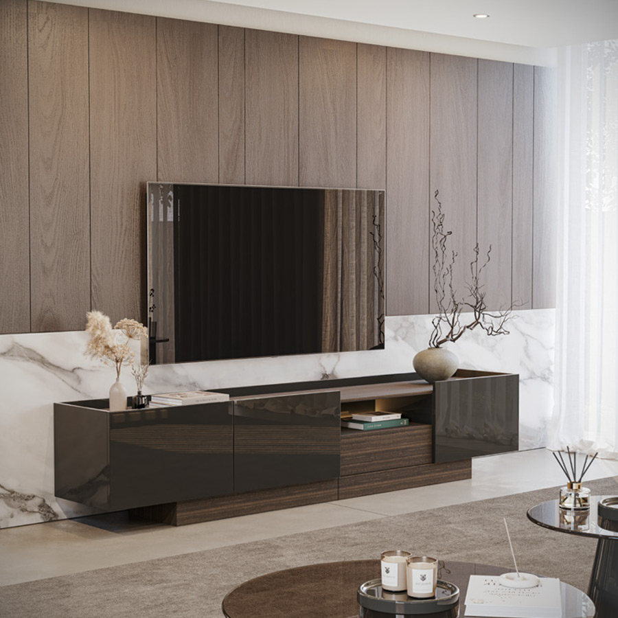 Mueble TV Vollmer de la firma Evanyrouse, fabricado en chapa de madera natural y lacado alto brillo