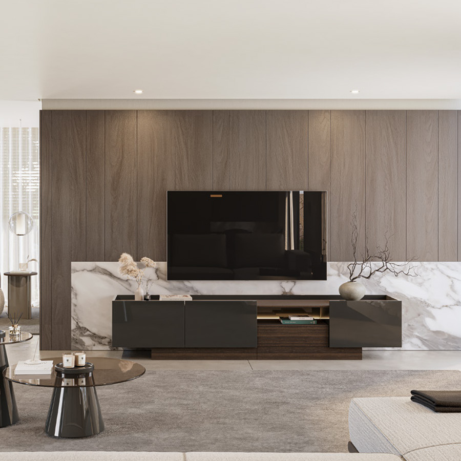 Mueble de TV Vollmer compuesto por tres puertas batientes, un cajón y un hueco diáfano