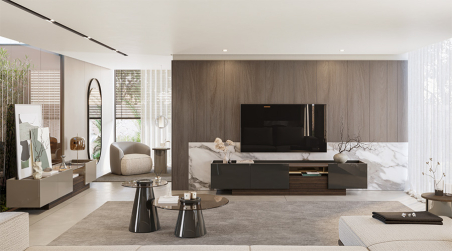 Ambiente de salón con el mueble de TV Vollmer, en madera de eucalipto y lacado brilo color antracita