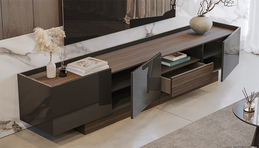 Detalle de la apertura y el interior del mueble de TV Vollmer