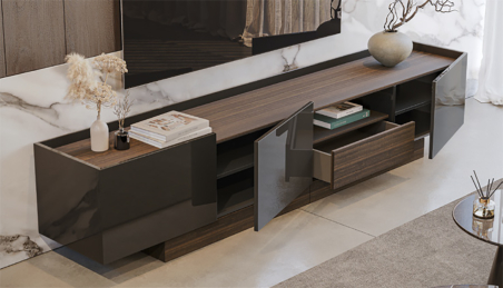 Detalle de la apertura y el interior del mueble de TV Vollmer