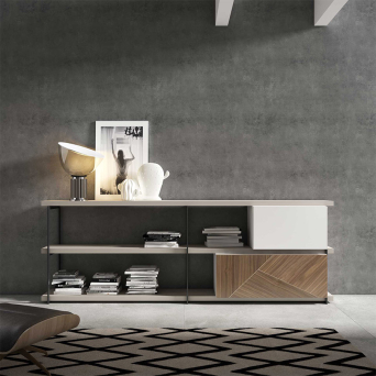 Librería ID46 de BoCubi, con estantes lacados, estructuras metálicas y módulo con marquetería 2