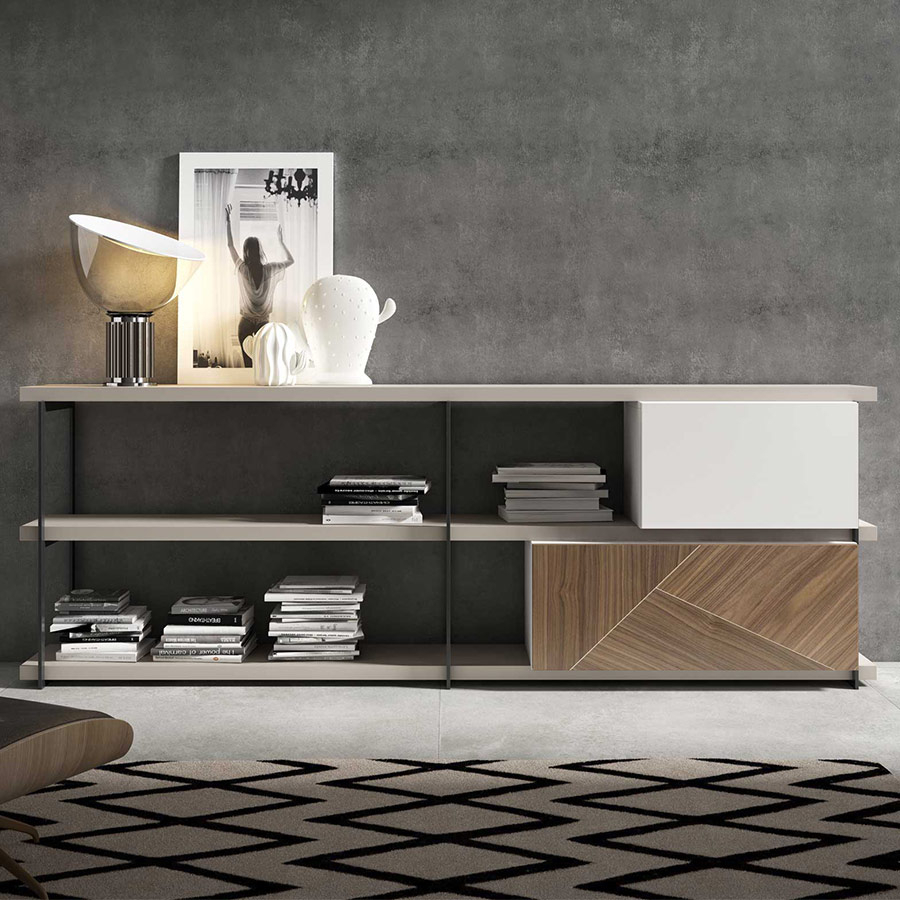 Librería ID46 de BoCubi, con estantes lacados, estructuras metálicas y módulo con marquetería