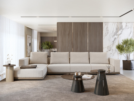 Salón de estilo contemporáneo con sofá en color crudo con dos mesas de centro Vollmer de Evanyrouse