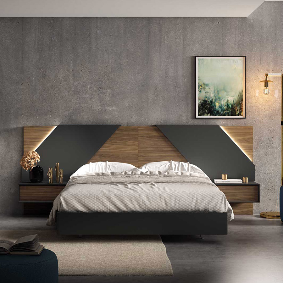 Dormitorio Ítaca 03 de BoCubi, fabricado en chapa de roble natural y DM lacado y con cabezal con tira de luz LED