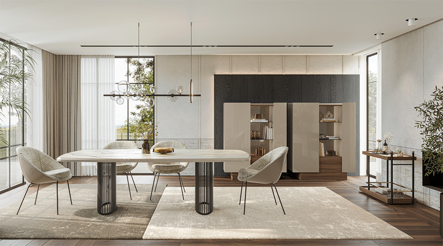 Ambiente de salón/comedor con dos aparadores altos Vollmer con luz LED integrada