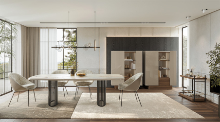 Ambiente de salón/comedor con dos aparadores altos Vollmer con luz LED integrada