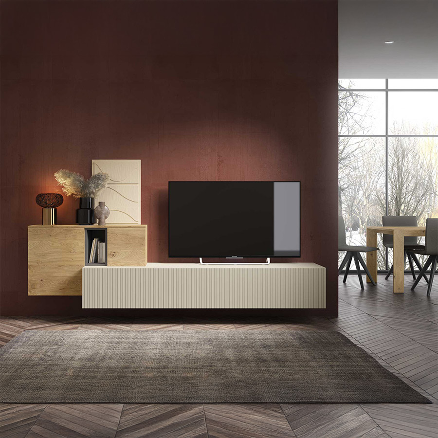 Vista en ambiente del salón ID13 de BoCubi, con módulos con puerta abatible y puerta batiente