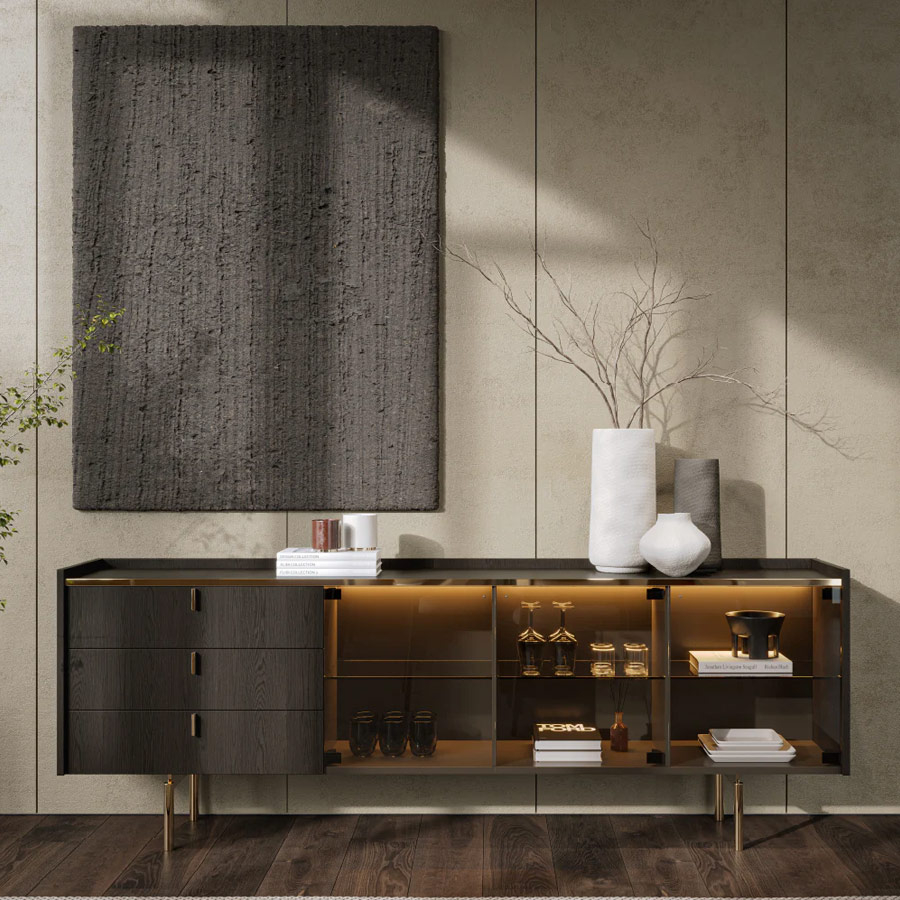 Aparador Colline fabricado en chapa de madera natural con puertas de cristal en color bronce