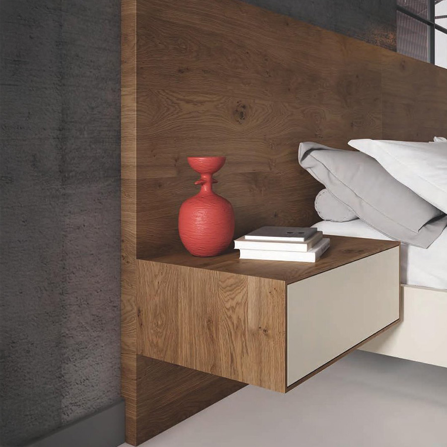 Detalle del cabecero y la mesita de noche en DM lacado y chapa de roble natural del Dormitorio Light 03 de BoCubi