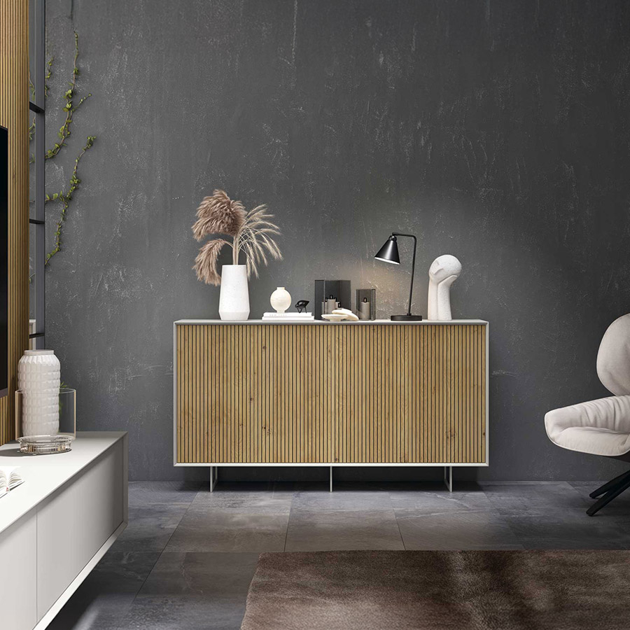 Vista en ambiente del Aparador Nero de BoCubi, fabricado en chapa de  madera natural y lacados