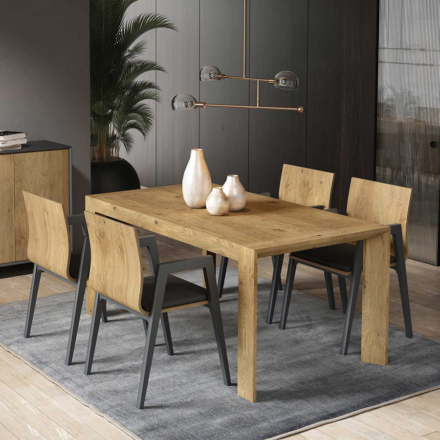 Mesa extensible Dexter de BoCubi, fabricada en chapa de madera natural y lacados