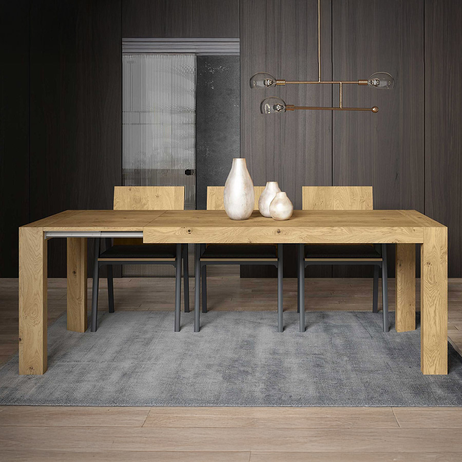 Vista frontal de la Mesa extensible Dexter de BoCubi, fabricada en chapa de madera natural y lacados