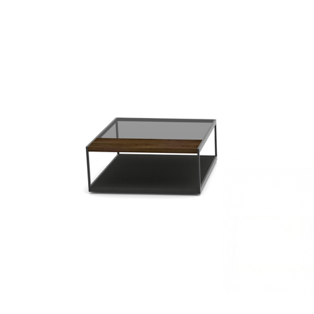 Mesa auxiliar Nia de Loyra, con base en laca mate y tapa en nogal y cristal