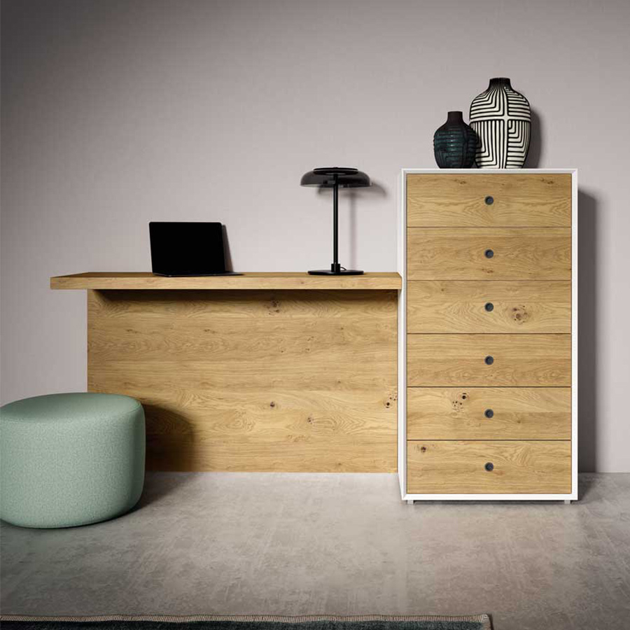 Tocador IN033 de BoCubi, con mesa de escritorio y sinfonier, en chapa de madera natural y DM lacado