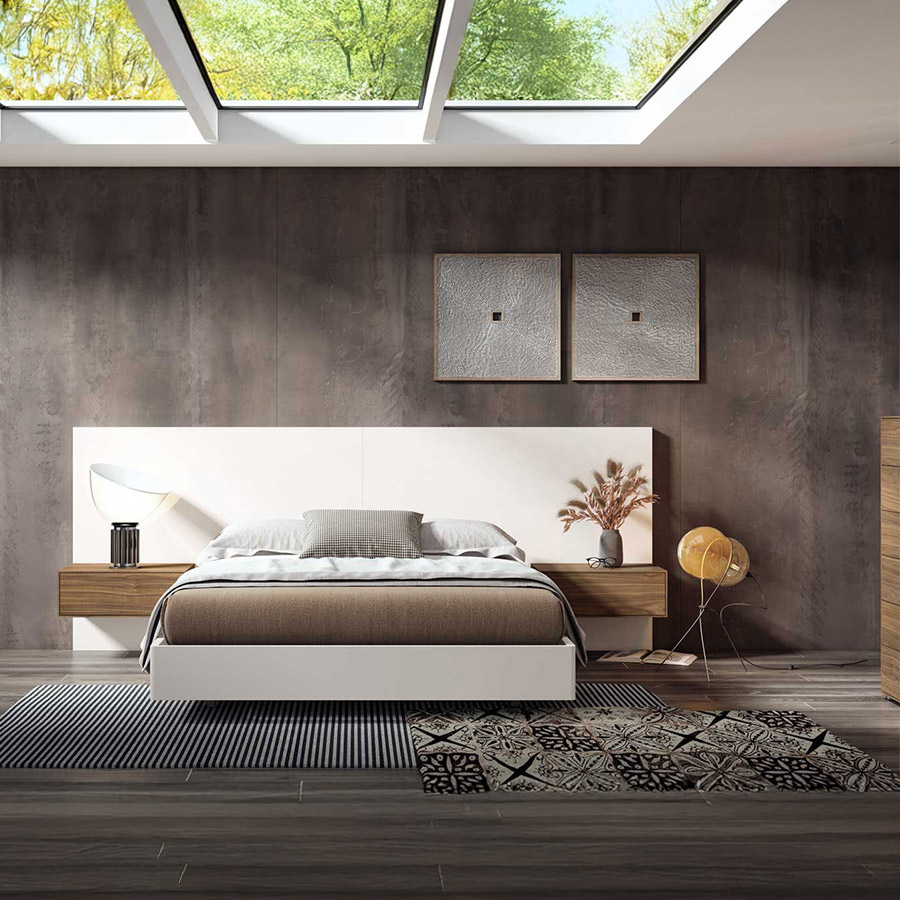 Vista en ambiente del Dormitorio Light 01 de BoCubi con cabezal liso en DM lacado