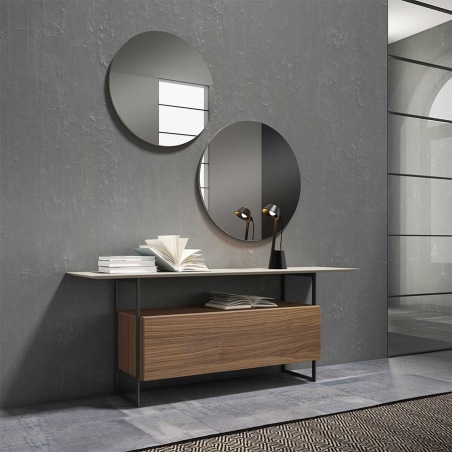 Recibidor Indiana de BoCubi, en chapa de madera natural y DM lacado y con costados metálicos