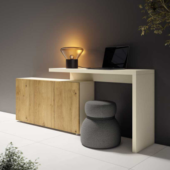 Vista ampliada del Tocador IN009 de BoCubi, con mesa de escritorio y módulo horizontal de tres puertas