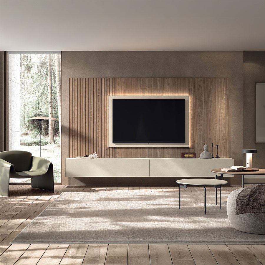 Salón N-213 de Kazzano, con varios módulos colgados y paneles
