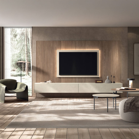 Salón N-213 de Kazzano, con varios módulos colgados y paneles