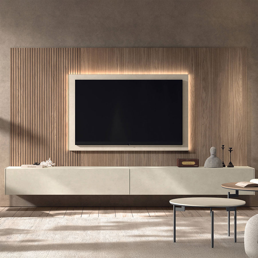 Salón N-213 de Kazzano, fabricado en melamina, en acabado nogal tierra y caliza