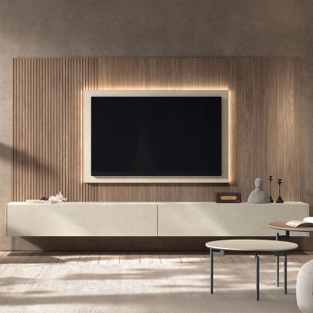 Salón N-213 de Kazzano, fabricado en melamina, en acabado nogal tierra y caliza