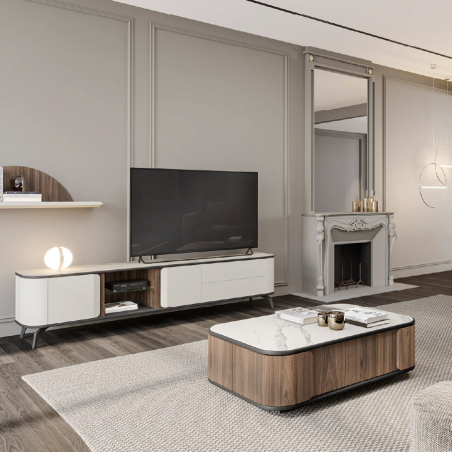 Ambiente de salón con mueble TV Tepui, con puertas batientes, cajones y diáfano con estante de cristal