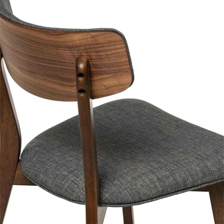Silla Anais de Somcasa en acabado nogal gris oscuro y vista detalle del respaldo.