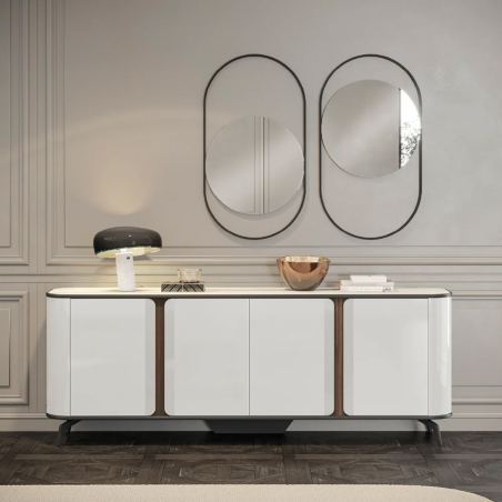 Aparador Tepui de cuatro puertas, fabricado en lacado alto brillo con encimera porcelánica