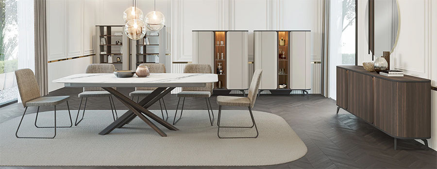 Ambiente de salón con mesa y sillas de comedor, dos aparadores altos y aparador Tepui de 4 puertas