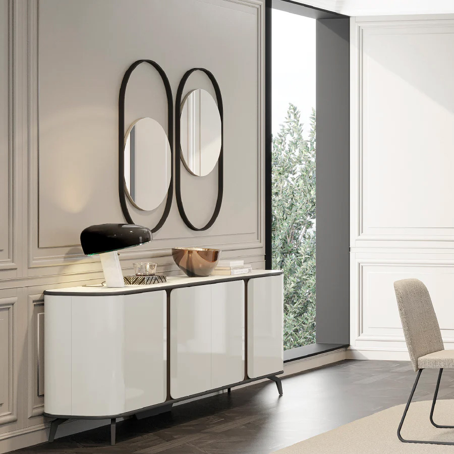 Aparador contemporáneo Tepui de la firma Evanyrouse, en lacado alto brillo color blanco con encimera Bianco Statuario