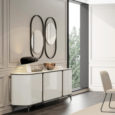Aparador contemporáneo Tepui de la firma Evanyrouse, en lacado alto brillo color blanco con encimera Bianco Statuario