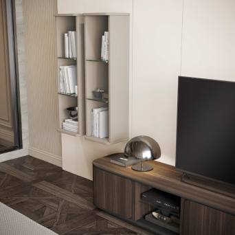 Salón Tepui de la firma Evanyrouse, con mueble de TV, dos módulos colgados y panel de pared 2