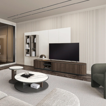 Salón Tepui de la firma Evanyrouse, con mueble de TV, dos módulos colgados y panel de pared