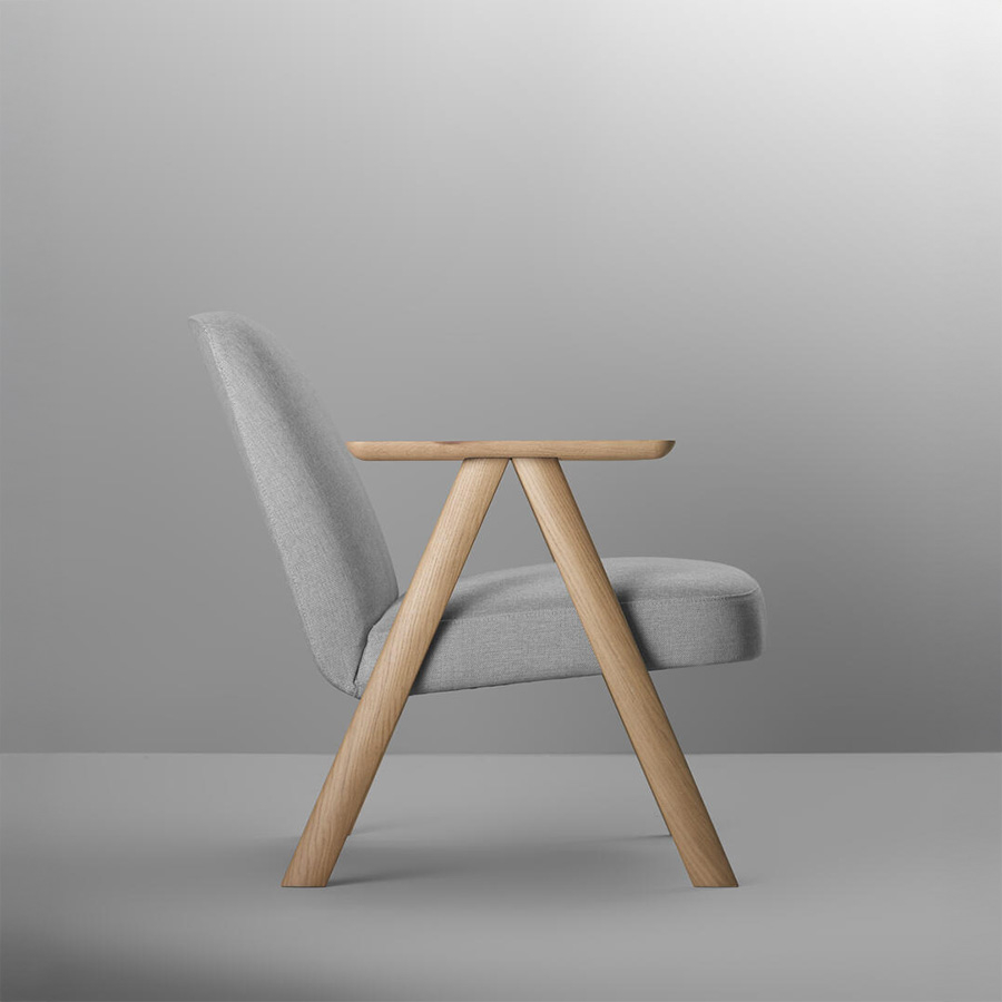 Vista de perfil de la Butaca Leku de Treku, con estructura de madera