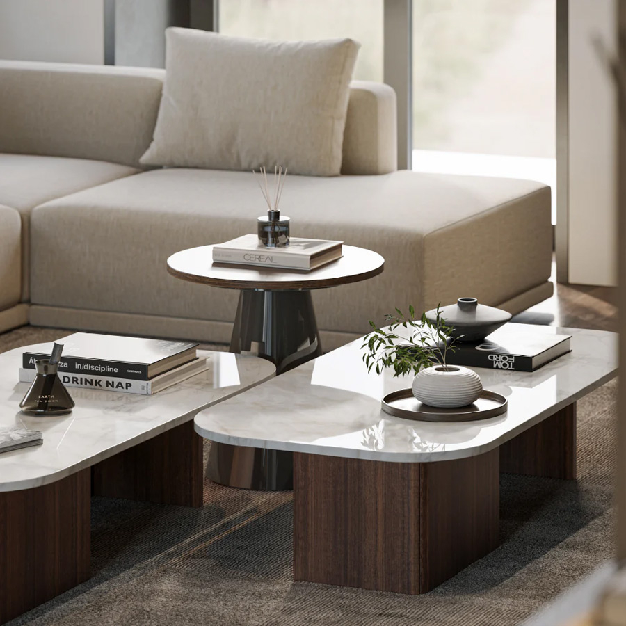 Mesa de centro Sottile con base en chapa de madera natural y sobre en mármol