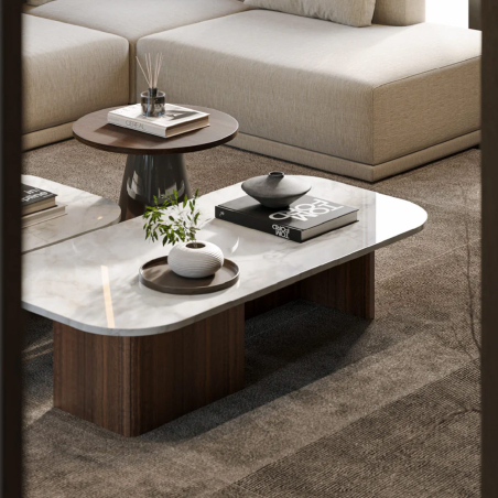Mesa de centro rectangular Sottile, con sobre en mármol Estremoz y base en chapa de nogal