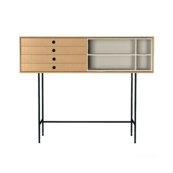 Consola Aura 1 de Treku, en chapa de madera natural y DM lacado y patas en acero lacado color grafito
